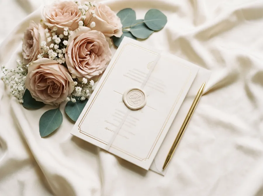 A wedding invitation flat-lay with stationery and florals